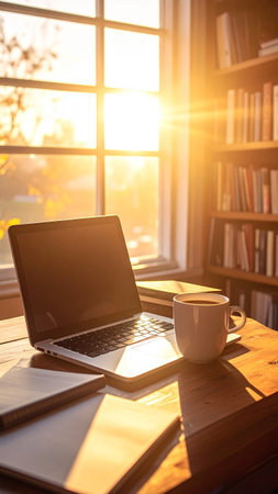 Laptop and coffee cup on wooden table in front of window at homeの素材