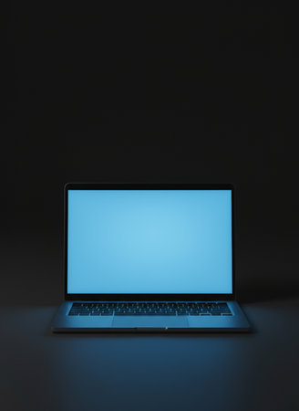 Laptop with blank screen on dark background. 3D Renderingの素材