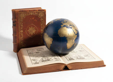Globe and old books on a white background. Travel concept.の素材