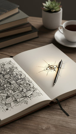 Notebook with sketches on wooden table, closeup. Idea conceptの素材