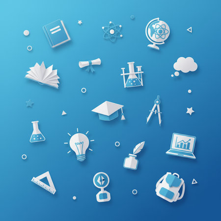 Education and science icons on blue background. Eps 10 vector file.の素材