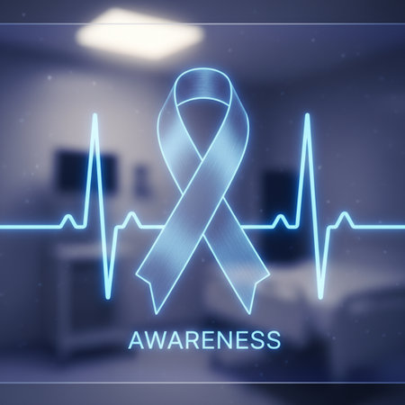 Hand drawn blue awareness ribbon on office interior background. Healthcare concept. 3D Renderingの素材