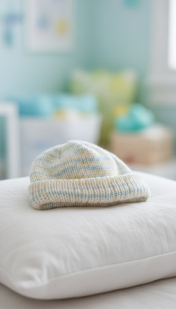 Baby clothes on the bed in the room. Selective focus.の素材