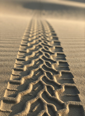 Tire tracks on the sand in the desert. Shallow depth of field.の素材