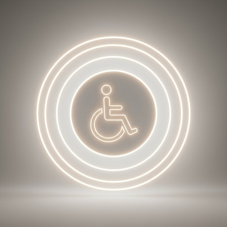 Disabled icon on a grey background. 3d rendering. Neon light.の素材
