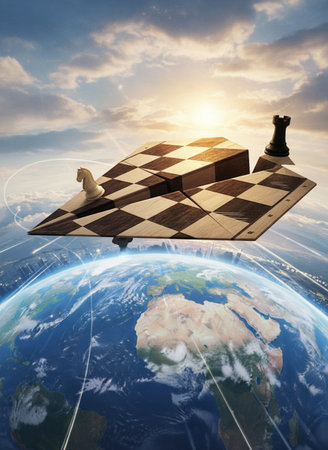 Chess board on the background of the planet Earth. 3d renderingの素材