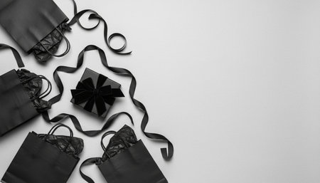 Black shopping bags with ribbons on a white background. Top view.の素材