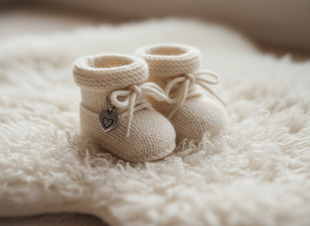 Newborn baby booties on a soft blanket. Selective focus.の素材