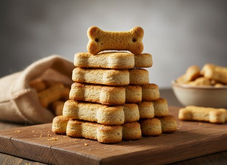 Pile of crackers with bone on wooden board, closeupの素材