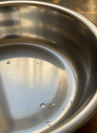 empty stainless steel bowl with water drops on wooden table, stock photoの素材