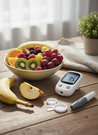 Glucose meter with result of measurement sugar level and fresh fruits on wooden tableの素材