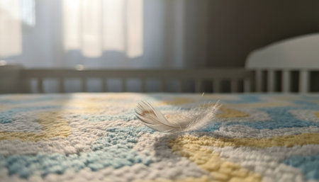 White feather on a knitted blanket in a child's room.の素材