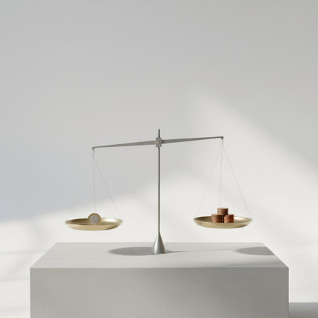 Scale of justice with coins on white background. 3d rendering.の素材