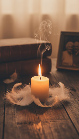 Burning candle with feather and book on wooden background, vintage toneの素材