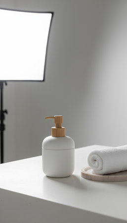 White cosmetic bottle with dispenser, towel and mirror on white tableの素材