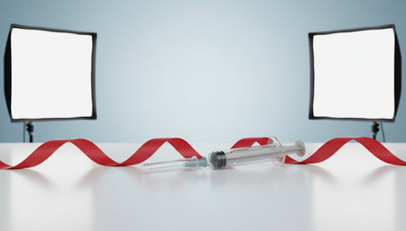 syringe with red ribbon and blank screen computer monitor on white tableの素材