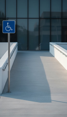 Wheelchair parking sign in front of a modern office building. Horizontalの素材