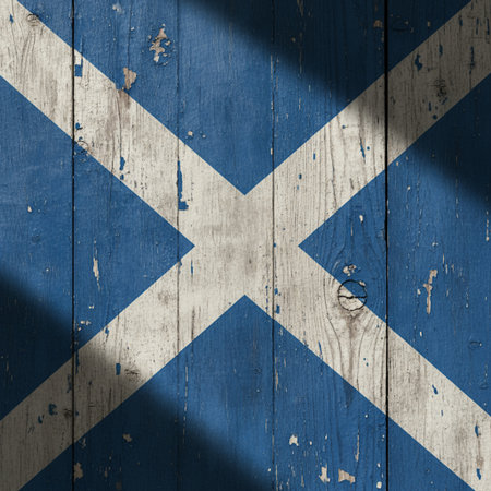 Scotland flag painted on old wooden planks. Wooden background texture.の素材