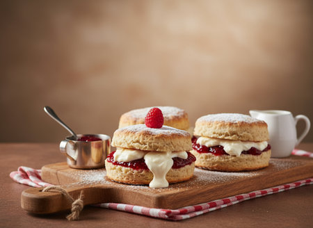 Strawberry scones with cream and jam on a wooden boardの素材