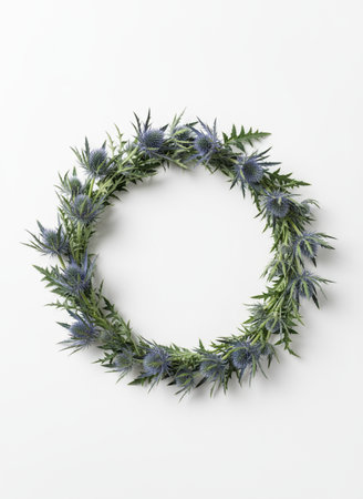 Wreath of flowers on white background. Flat lay, top viewの素材
