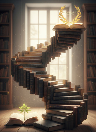 Open book with stairs in the room. Education concept. 3D Renderingの素材