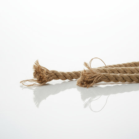 Rope tied with a knot on white background. Shallow depth of fieldの素材