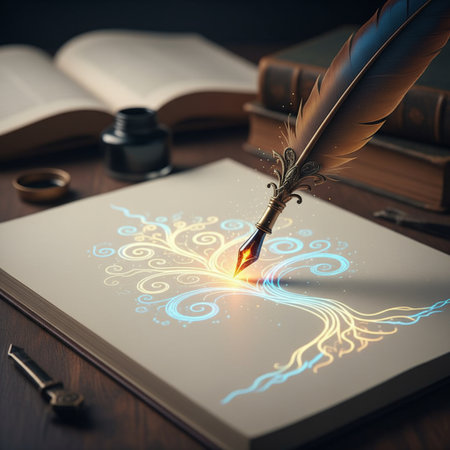 Close up of fountain pen and book on wooden table. Education conceptの素材