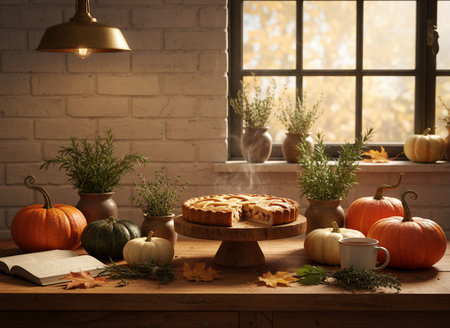 Autumn still life with pumpkin pie, cup of coffee and autumn decor on wooden tableの素材