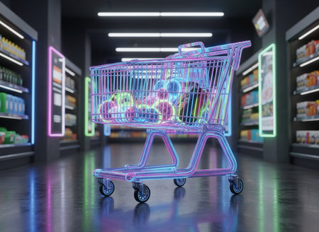 Shopping cart in supermarket interior. 3d rendering. Neon lights.の素材