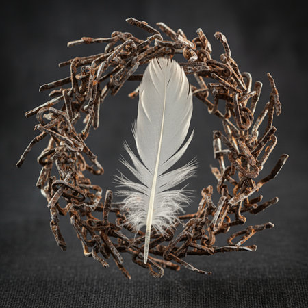 White feather in a wreath of twigs on a dark backgroundの素材
