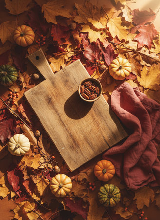 Autumn still life with pumpkins and leaves on a wooden backgroundの素材