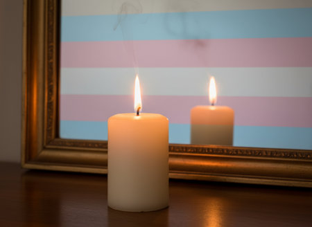 Burning candles in front of a picture frame on a wooden tableの素材