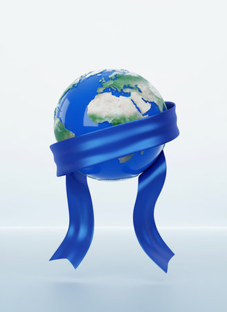 Globe with blue ribbon on white background. 3D illustration.の素材
