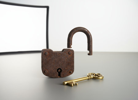 Padlock and key on the table with laptop. 3d illustrationの素材