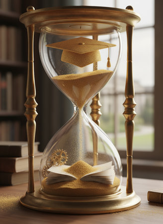 Hourglass with graduation cap and book on table in library, closeupの素材