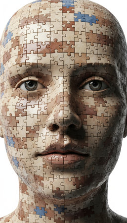 3d rendering of a human head made of jigsaw puzzle piecesの素材