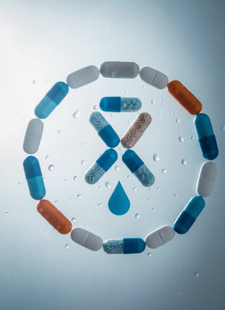 Pharmacy theme with multicolored pills on a blue backgroundの素材