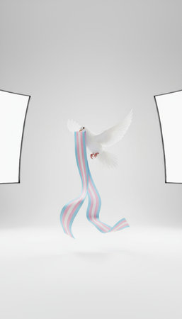 3d render of white dove with colorful ribbon on grey background.の素材