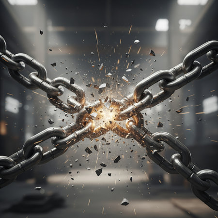 Broken chain with explosion effect. 3d rendering. Elements of this image are furnished by NASAの素材