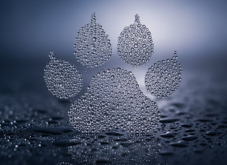 Paw print with water drops on a dark background close-upの素材