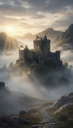 Panoramic view of the medieval castle in the fog at sunriseの素材