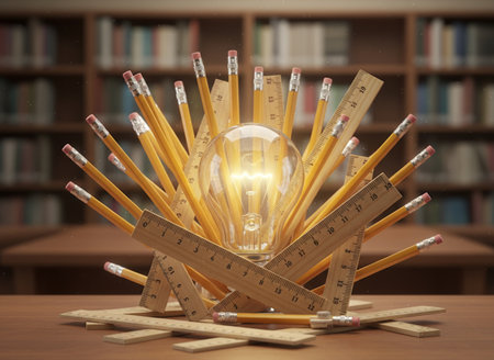 Light bulb and pencils on a desk in the library. 3d renderingの素材