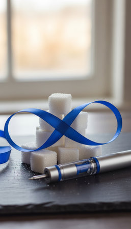 Sugar cubes with blue ribbon on a black slate plate and a penの素材