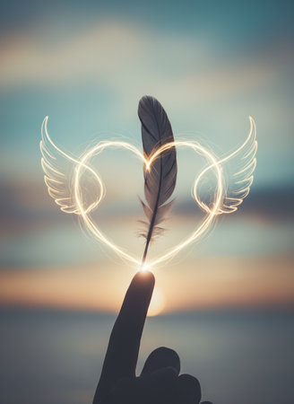 Feather and heart with wings on sunset sky background. Love conceptの素材