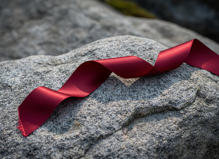 Red ribbon on a rock. Selective focus. Toned.の素材