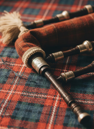 Scottish bagpipes on a tartan plaid background.の素材