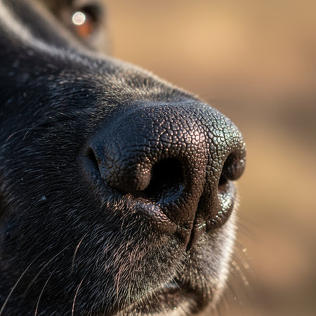 Close up of a black dog's nose. Shallow depth of field.の素材
