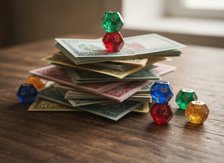 Dice, money and dice on wooden table. Money concept.の素材