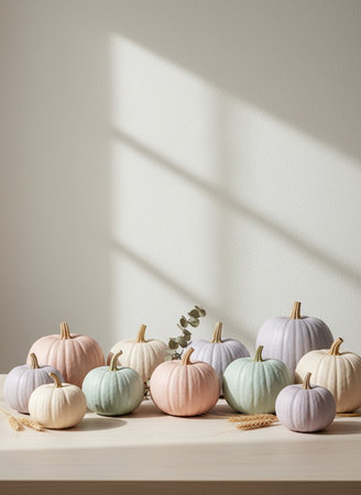 Colorful pumpkins on wooden table and white wall. 3d renderの素材