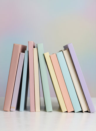 Stack of books on table on light background. Back to school conceptの素材